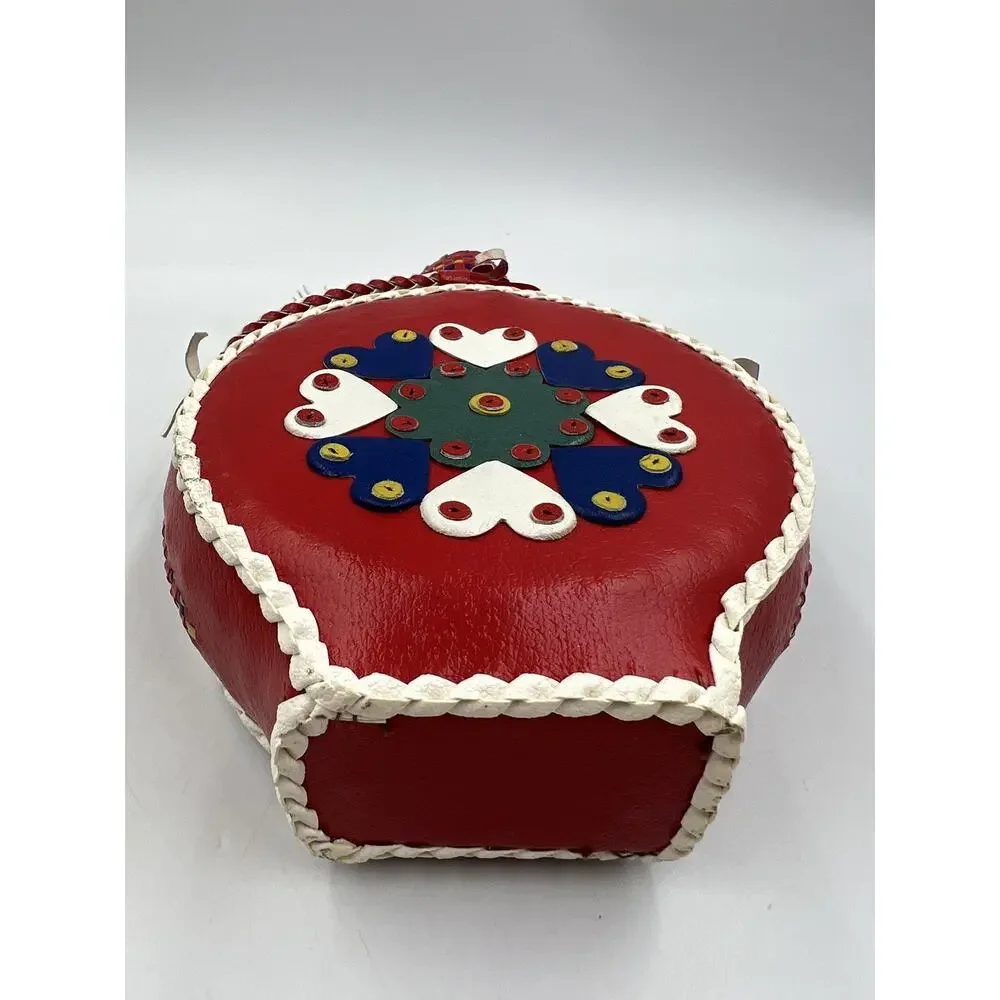 Vintage Leather‎ Braid Wrapped Covered Bottle/Decanter Hearts Red Folk Art
